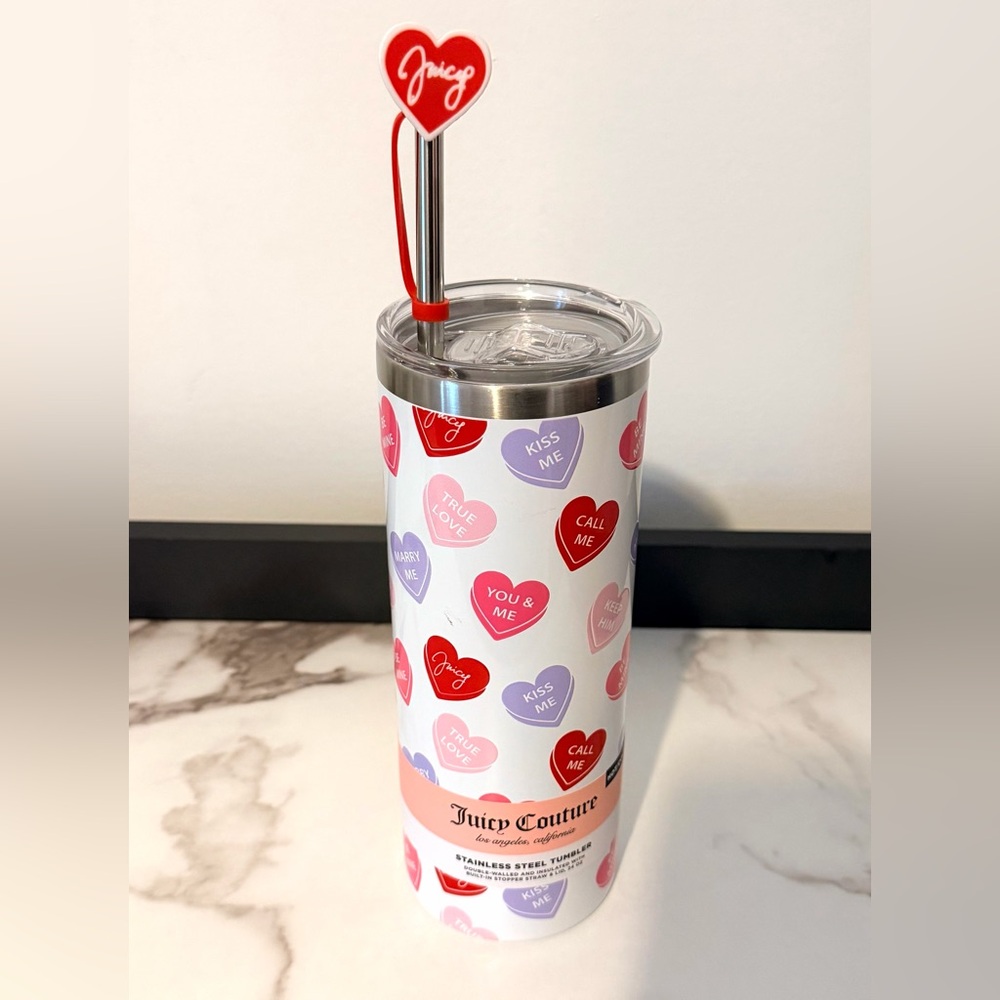 Juicy Couture White Stainless Steel Tumbler with Pink and Red Hearts